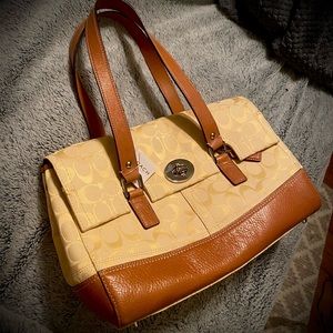 Tan & Yellow COACH Shoulder Bag in Canvas & Leather